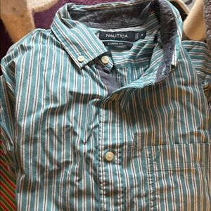 Nautica Men's Teal and White Striped Shirt